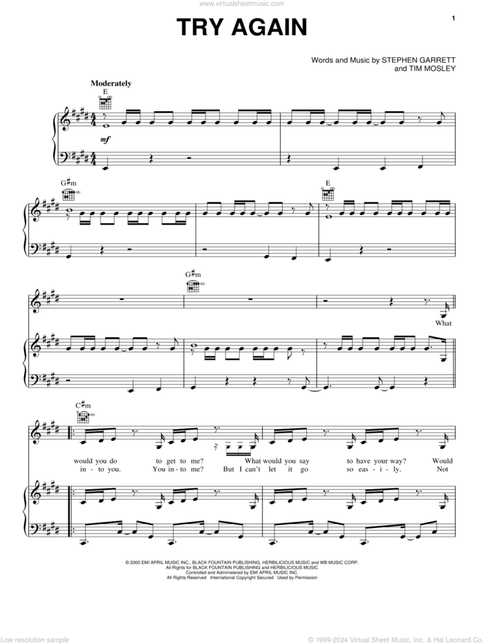 Try Again sheet music for voice, piano or guitar by Aaliyah, Stephen Garrett and Tim Mosley, intermediate skill level