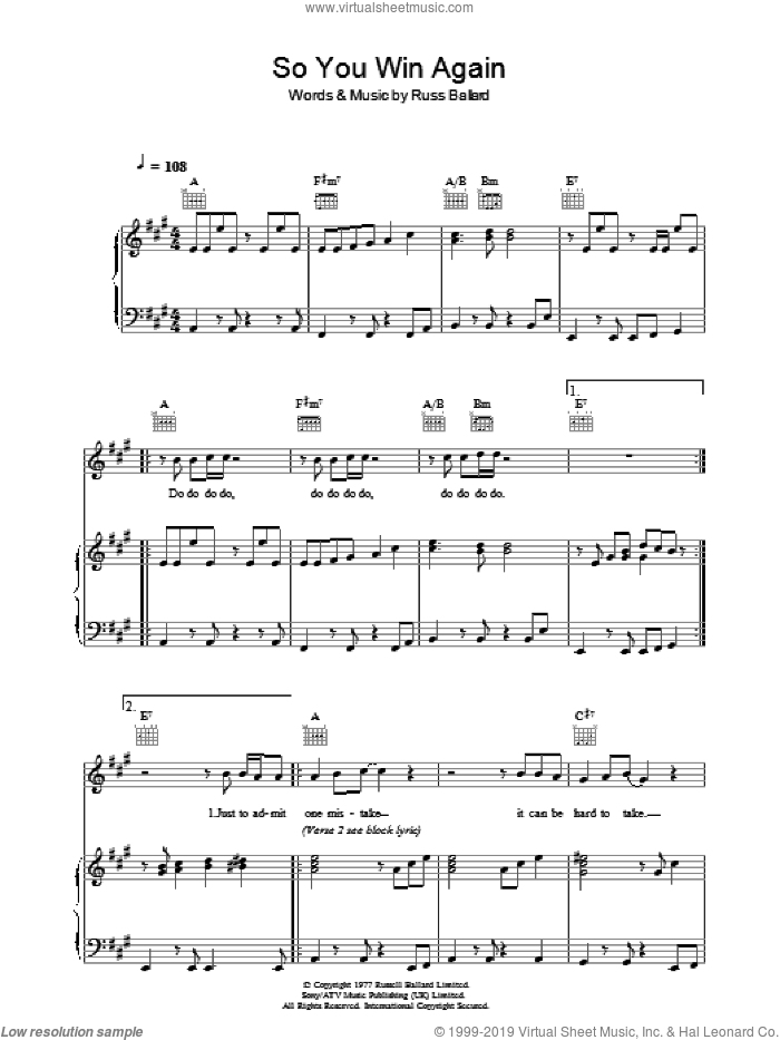 So You Win Again sheet music for voice, piano or guitar by Hot Chocolate and Russ Ballard, intermediate skill level