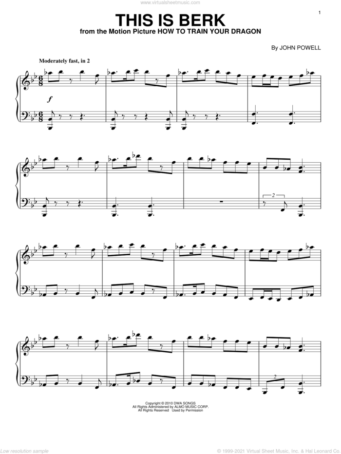 This Is Berk (from How to Train Your Dragon) sheet music for piano solo by John Powell, intermediate skill level