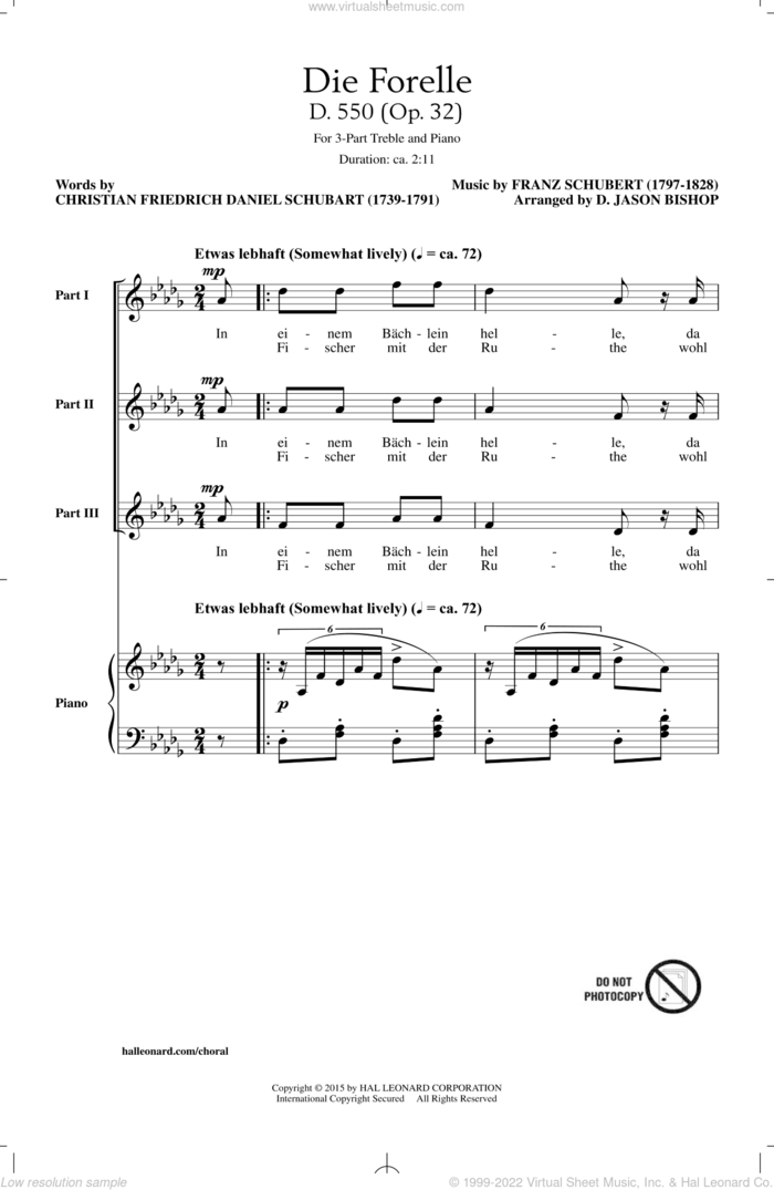 Die Forelle (Schubert) sheet music for choir (3-Part Treble) by Franz Schubert, D. Jason Bishop and Christian Friedrich Daniel Schubart, classical score, intermediate skill level