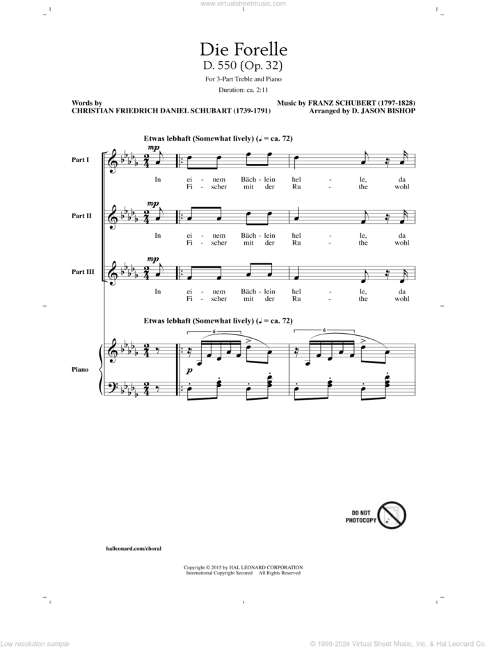 Die Forelle (Schubert) sheet music for choir (3-Part Treble) by Franz Schubert, D. Jason Bishop and Christian Friedrich Daniel Schubart, classical score, intermediate skill level