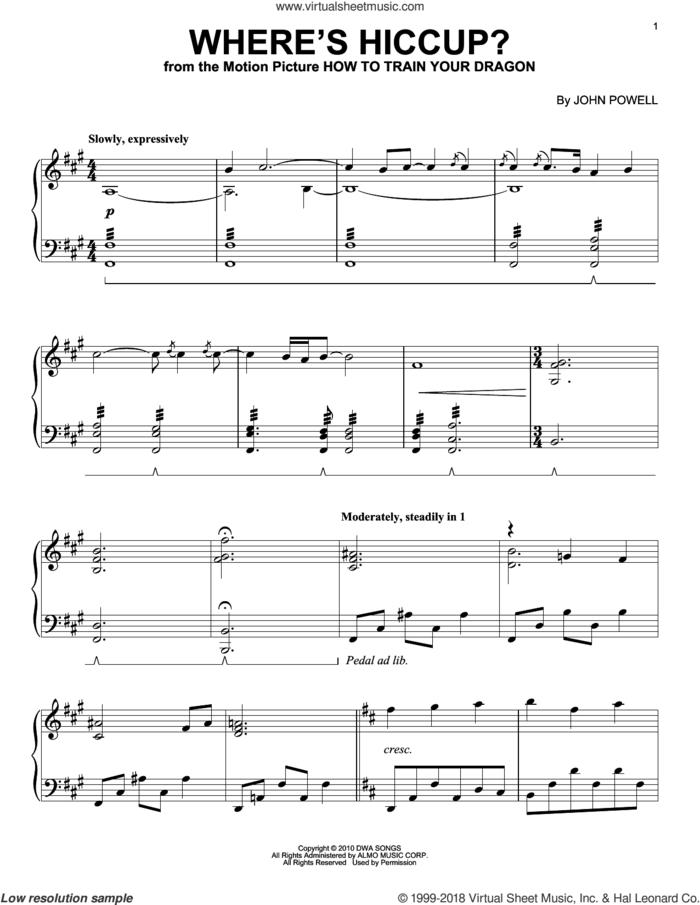 Where's Hiccup? (from How to Train Your Dragon) sheet music for piano solo by John Powell, intermediate skill level