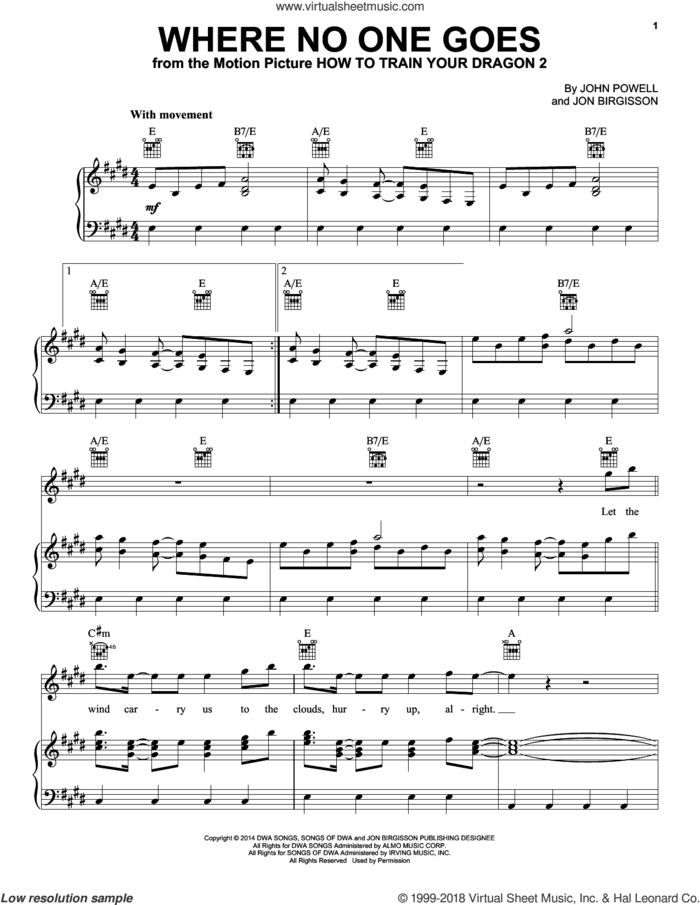 Where No One Goes (from How to Train Your Dragon 2) sheet music for voice, piano or guitar by John Powell and Jon Birgisson, intermediate skill level