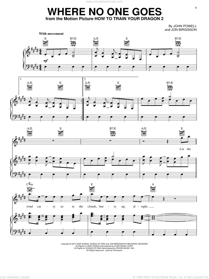 Where No One Goes (from How to Train Your Dragon 2) sheet music for voice, piano or guitar by John Powell and Jon Birgisson, intermediate skill level