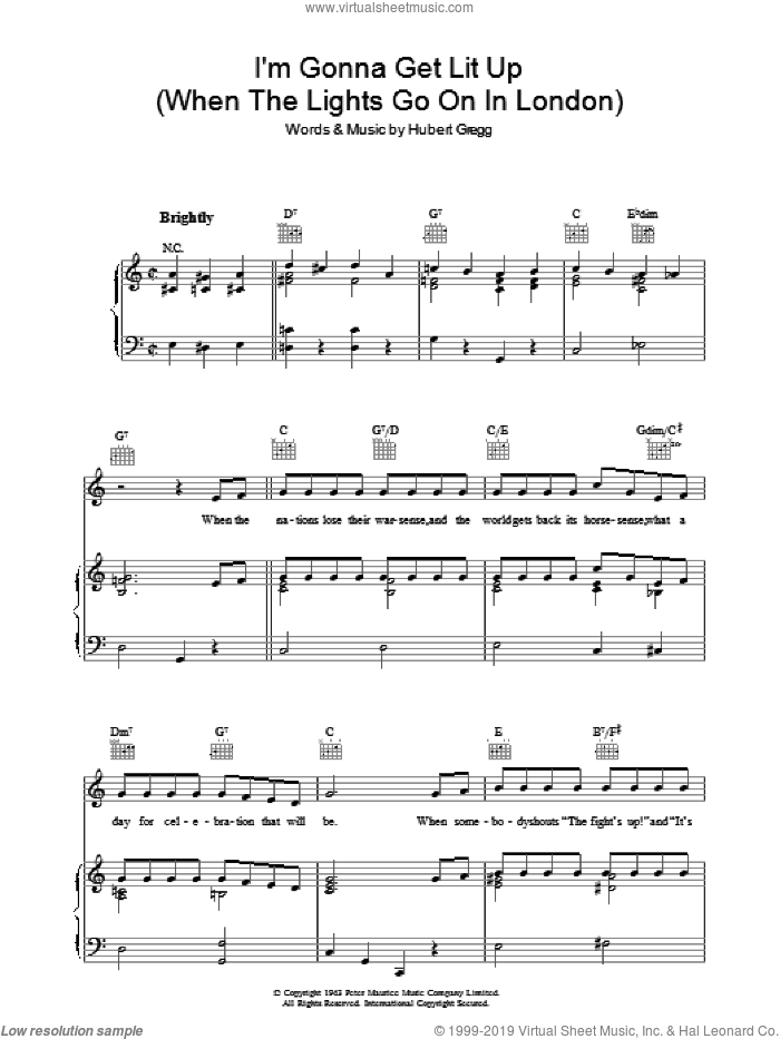 I'm Gonna Get Lit Up (When The Lights Go On In London) sheet music for voice, piano or guitar by Hubert Gregg, intermediate skill level