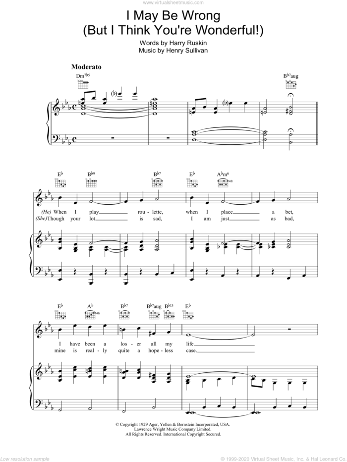 I May Be Wrong (But I Think You're Wonderful) sheet music for voice, piano or guitar by Henry Sullivan and Harry Ruskin, intermediate skill level