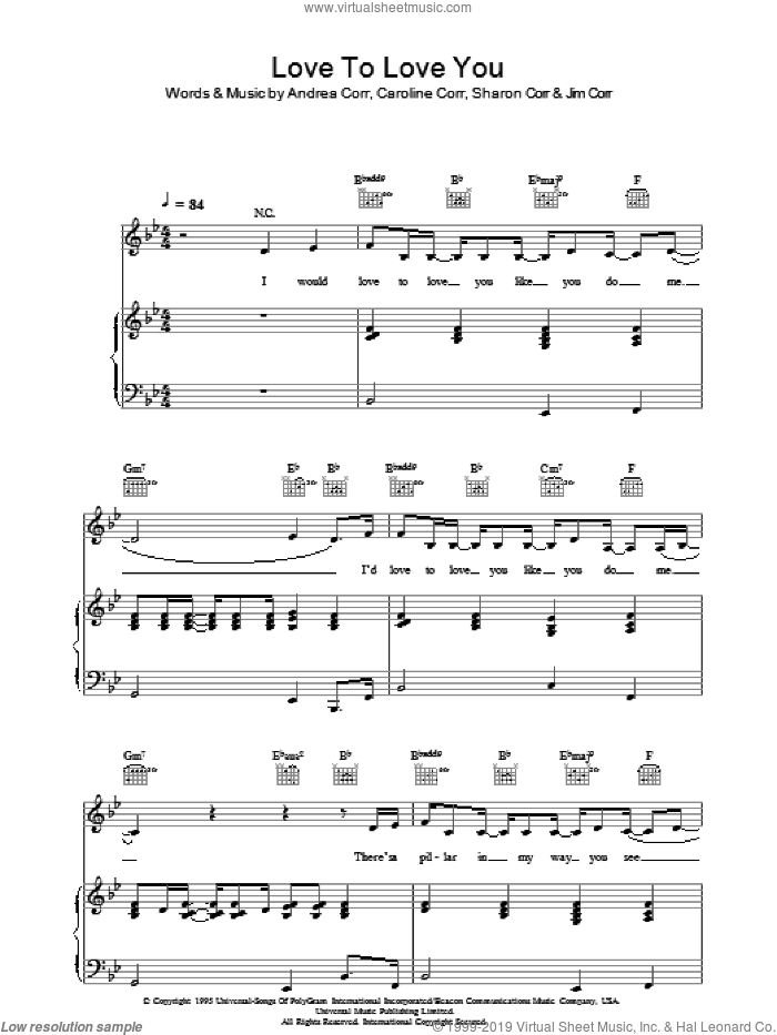 Love To Love You sheet music for voice, piano or guitar by The Corrs, Andrea Corr, Caroline Corr, Jim Corr and Sharon Corr, intermediate skill level