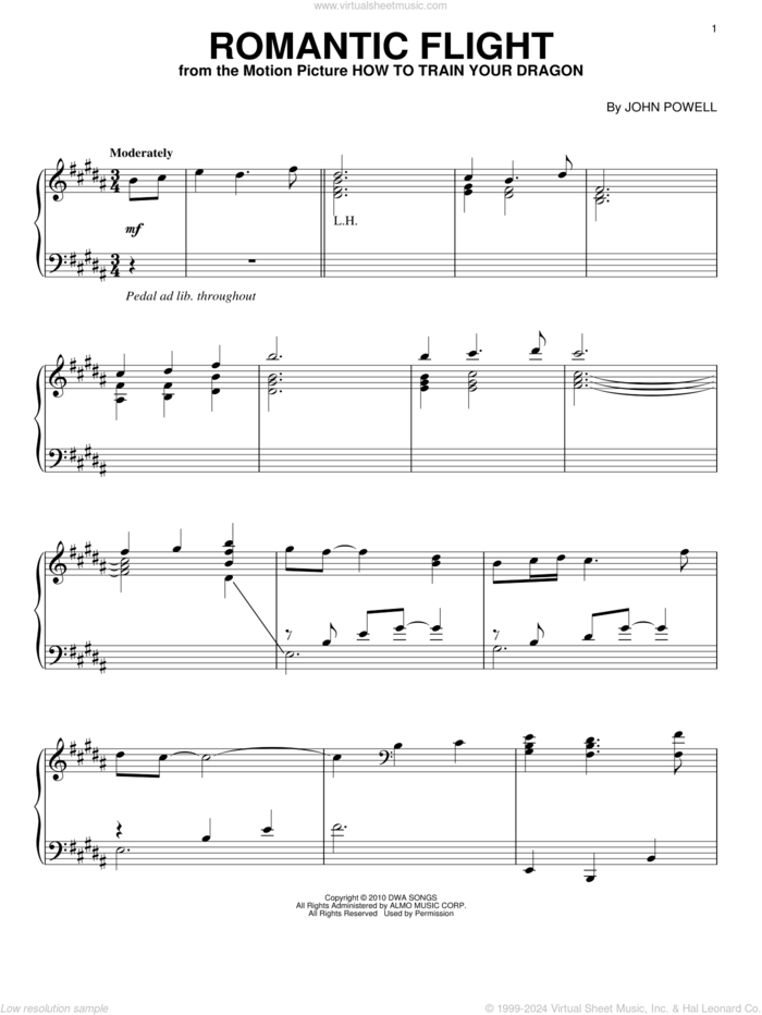 Romantic Flight (from How to Train Your Dragon) sheet music for piano solo by John Powell, intermediate skill level