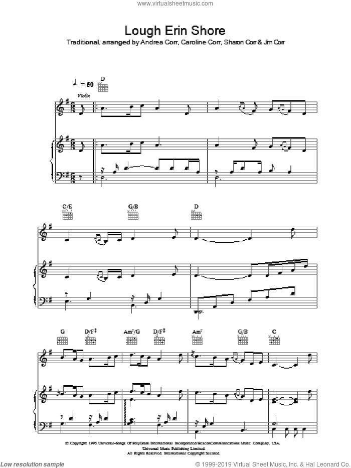 Lough Erin Shore sheet music for voice, piano or guitar by The Corrs, Andrea Corr, Caroline Corr, Jim Corr, Miscellaneous and Sharon Corr, intermediate skill level