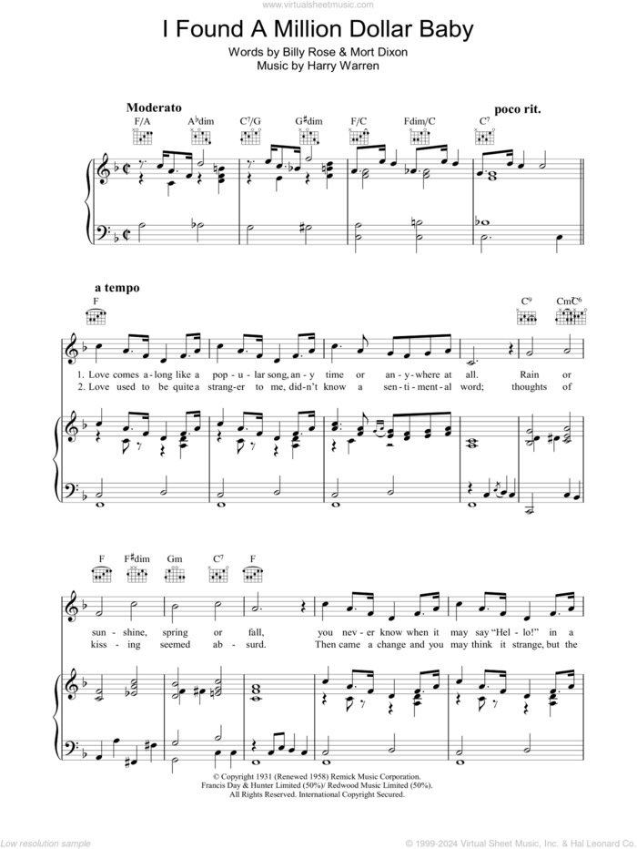 I Found A Million Dollar Baby (In A Five And Ten Store) sheet music for voice, piano or guitar by Harry Warren, Billy Rose and Mort Dixon, intermediate skill level