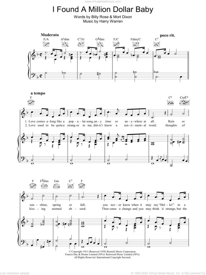 I Found A Million Dollar Baby (In A Five And Ten Store) sheet music for voice, piano or guitar by Harry Warren, Billy Rose and Mort Dixon, intermediate skill level