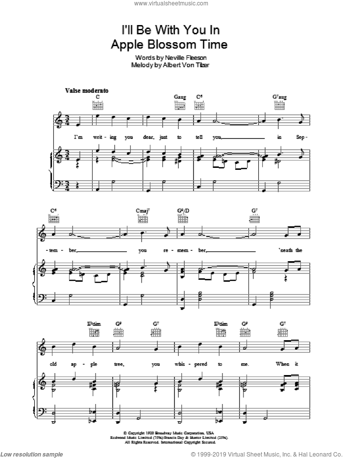 I'll Be With You In Apple Blossom Time sheet music for voice, piano or guitar by Neville Fleeson and Albert von Tilzer, intermediate skill level