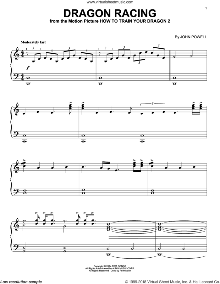 Dragon Racing (from How to Train Your Dragon 2), (intermediate) sheet music for piano solo by John Powell, intermediate skill level