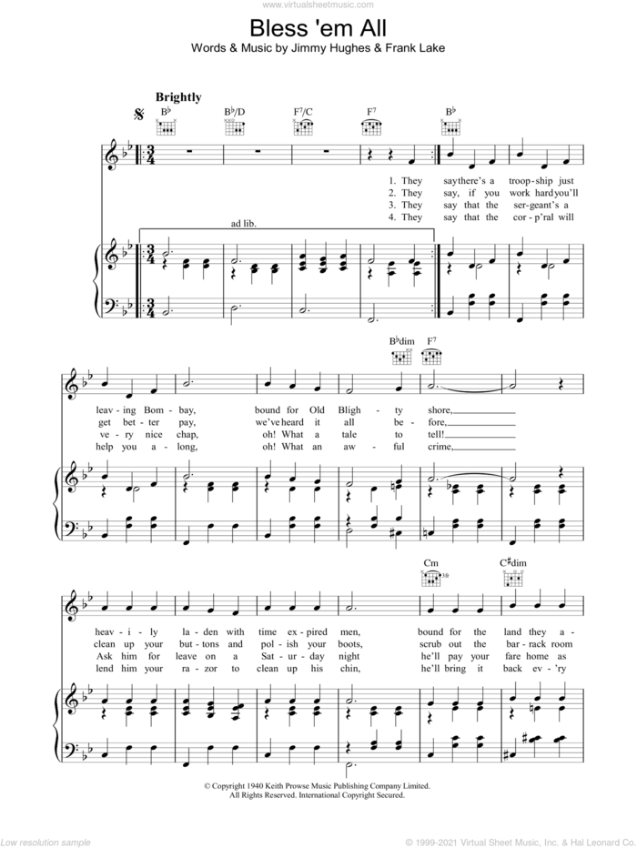 Bless 'Em All sheet music for voice, piano or guitar by Jimmy Hughes and Frank Lake, intermediate skill level