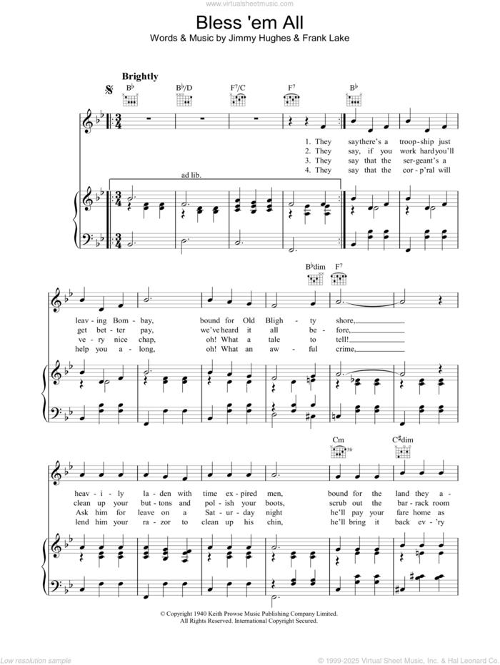 Bless 'Em All sheet music for voice, piano or guitar by Jimmy Hughes and Frank Lake, intermediate skill level