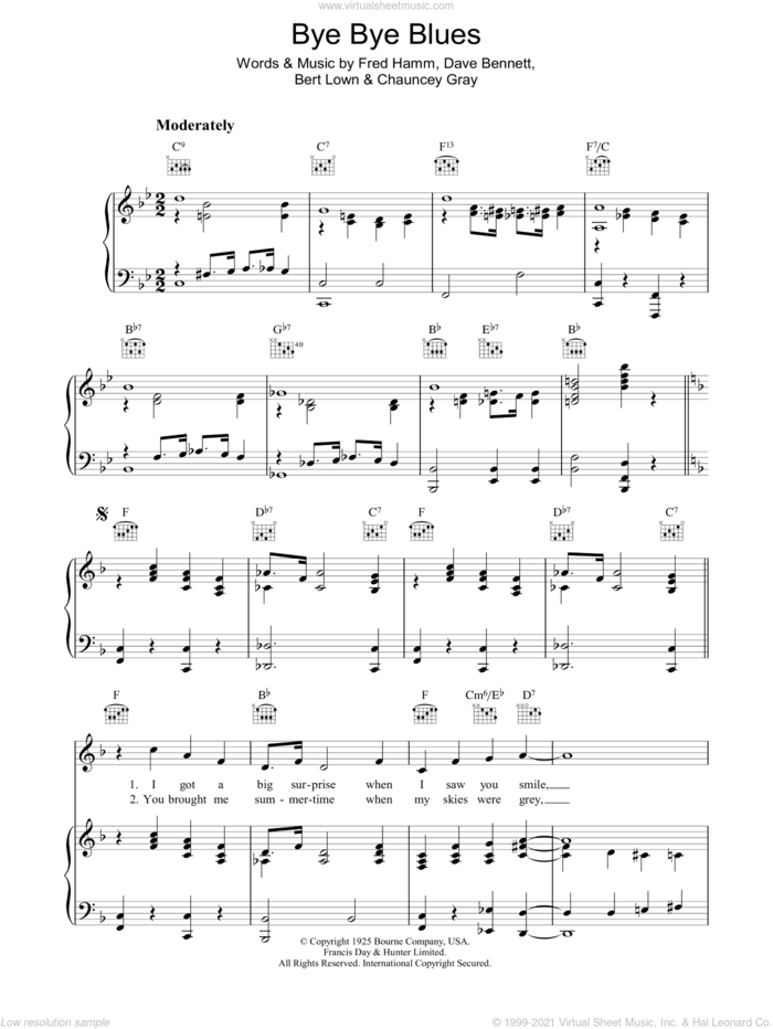 Bye Bye Blues sheet music for voice, piano or guitar by Fred Hamm, Bert Lowe, Chauncey Gray and David Bennett, intermediate skill level