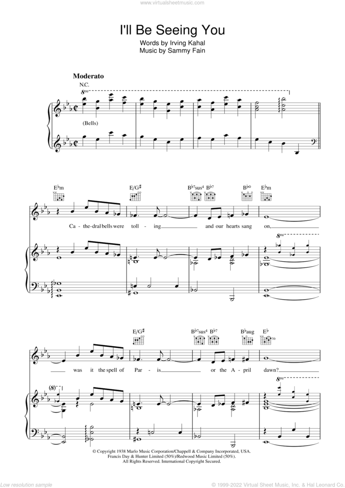 I'll Be Seeing You sheet music for voice, piano or guitar by Sammy Fain and Irving Kahal, intermediate skill level