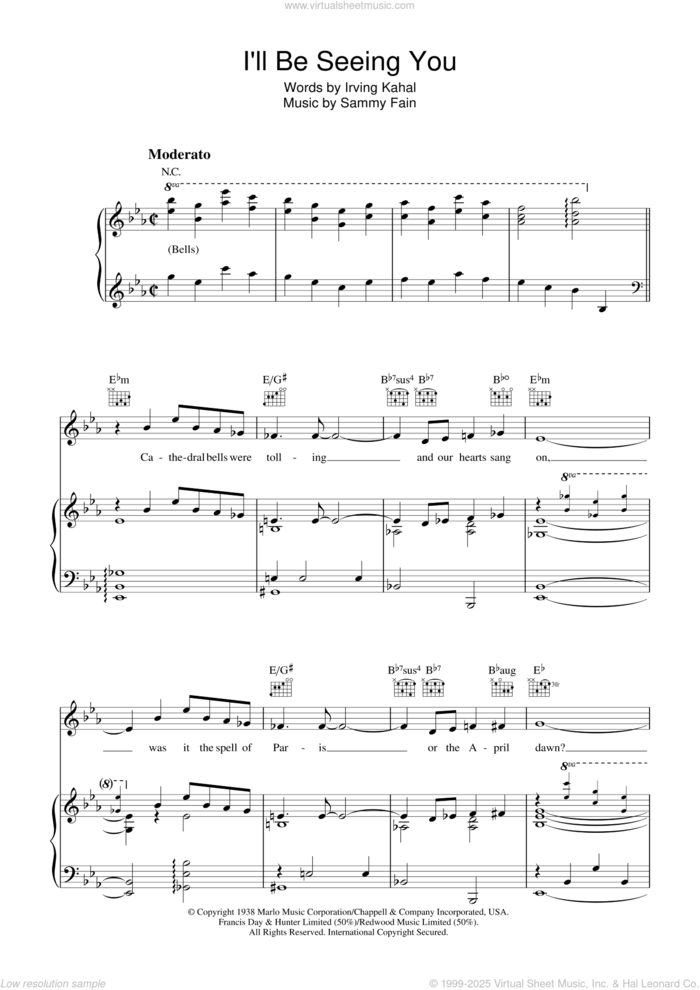 I'll Be Seeing You sheet music for voice, piano or guitar by Sammy Fain and Irving Kahal, intermediate skill level