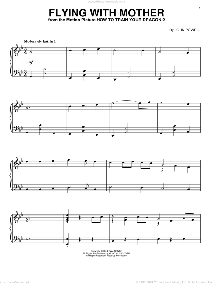 Flying With Mother (from How to Train Your Dragon 2), (intermediate) sheet music for piano solo by John Powell, intermediate skill level