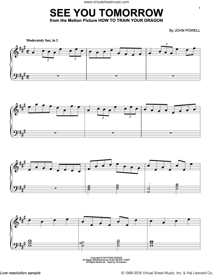 See You Tomorrow (from How to Train Your Dragon) sheet music for piano solo by John Powell, intermediate skill level