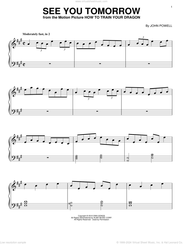 See You Tomorrow (from How to Train Your Dragon) sheet music for piano solo by John Powell, intermediate skill level