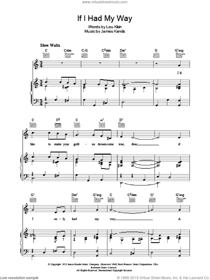 If I Had My Way sheet music for voice, piano or guitar by Lou Klein and James Kendis, intermediate skill level