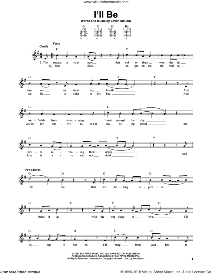 I'll Be sheet music for guitar solo (chords) by Edwin McCain, easy guitar (chords)