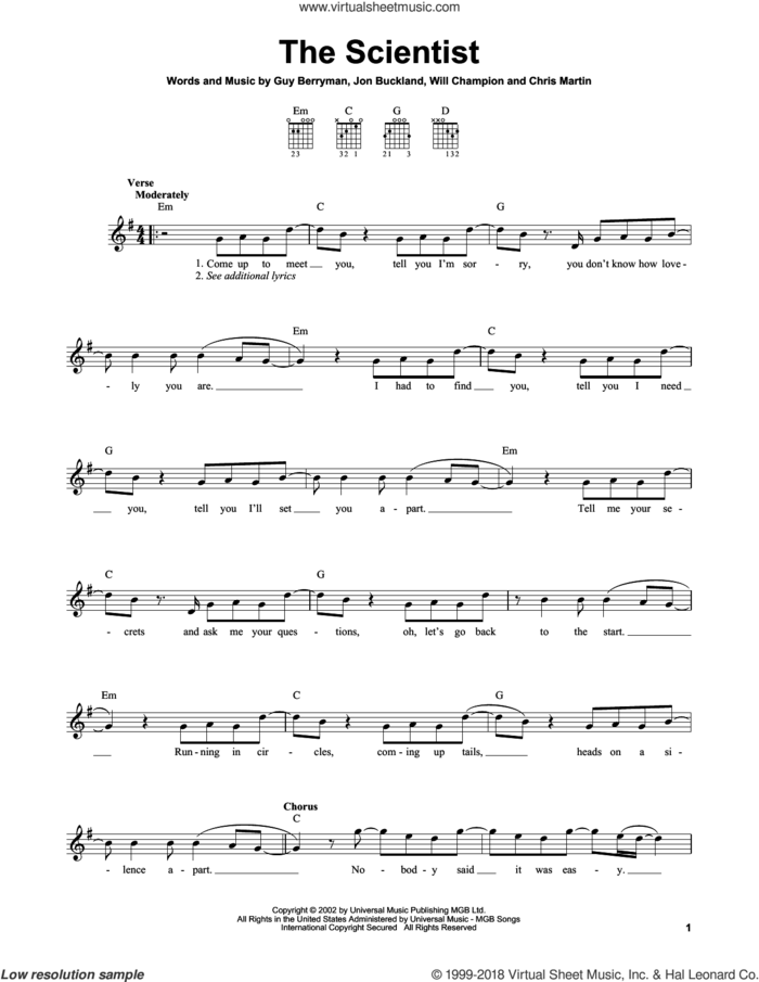 The Scientist sheet music for guitar solo (chords) by Coldplay, Chris Martin, Guy Berryman, Jon Buckland and Will Champion, easy guitar (chords)