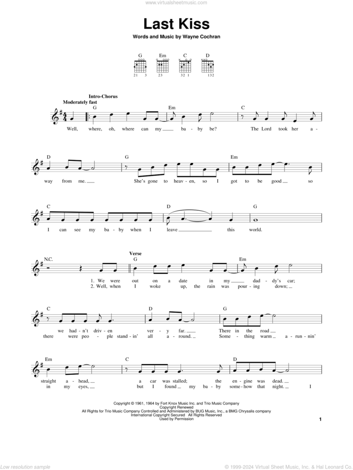 Last Kiss sheet music for guitar solo (chords) by Pearl Jam, J. Frank Wilson and Wayne Cochran, easy guitar (chords)