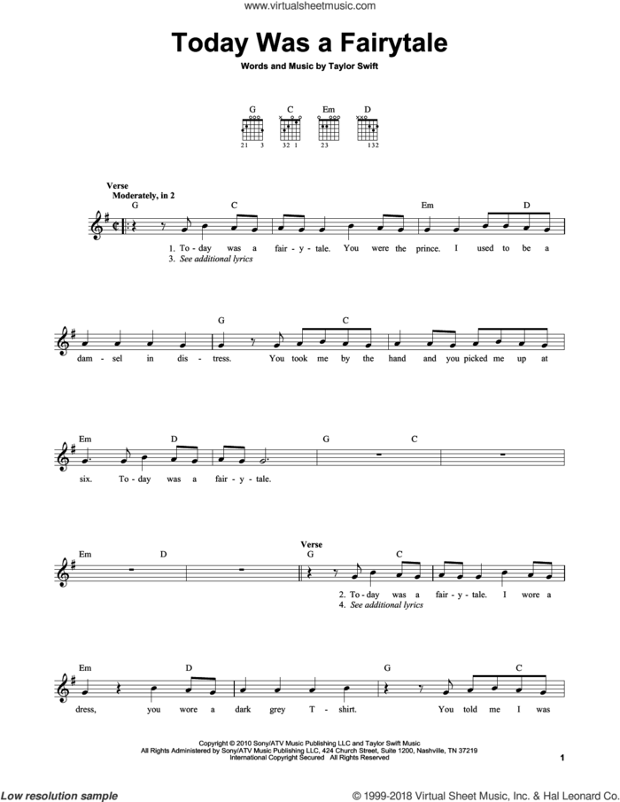 Today Was A Fairytale sheet music for guitar solo (chords) by Taylor Swift, easy guitar (chords)