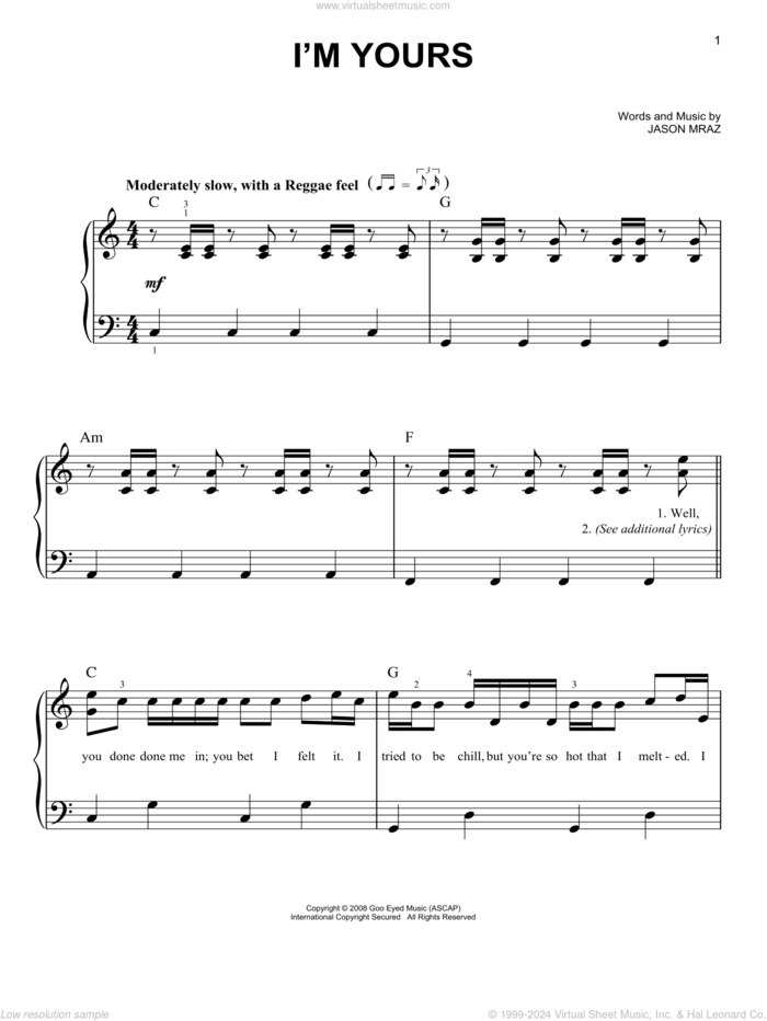 I'm Yours sheet music for piano solo by Jason Mraz, wedding score, beginner skill level