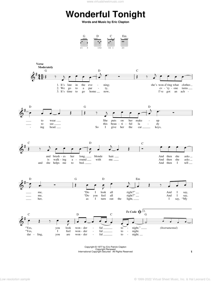 Wonderful Tonight sheet music for guitar solo (chords) by Eric Clapton and David Kersh, wedding score, easy guitar (chords)
