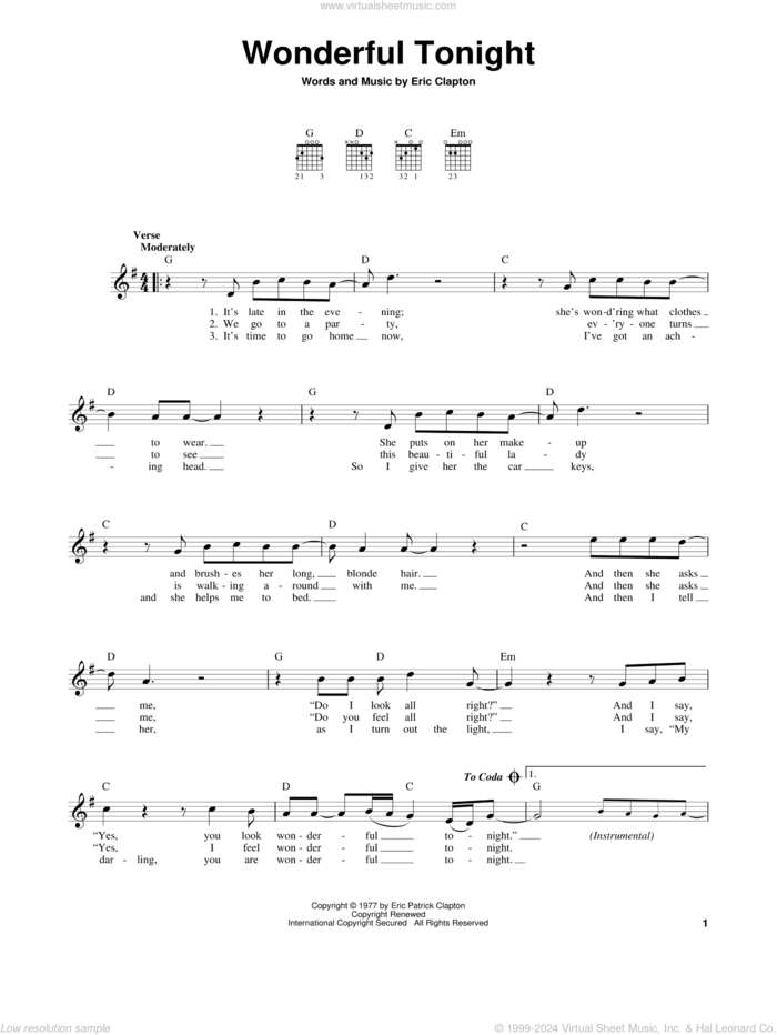 Wonderful Tonight sheet music for guitar solo (chords) by Eric Clapton and David Kersh, wedding score, easy guitar (chords)