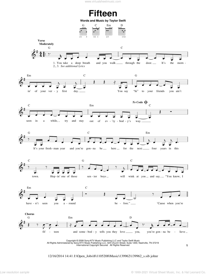 Fifteen sheet music for guitar solo (chords) by Taylor Swift, easy guitar (chords)