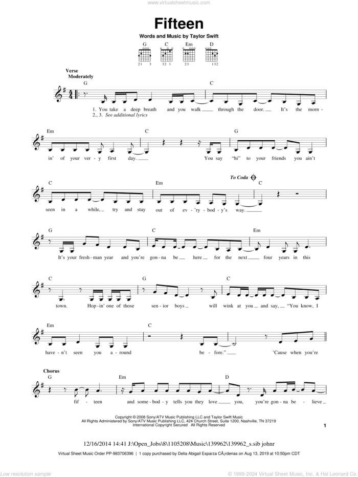 Fifteen sheet music for guitar solo (chords) by Taylor Swift, easy guitar (chords)