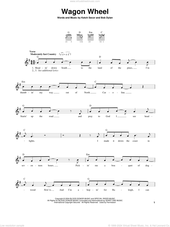 Wagon Wheel sheet music for guitar solo (chords) by Bob Dylan, Darius Rucker, Old Crow Medicine Show and Ketch Secor, easy guitar (chords)