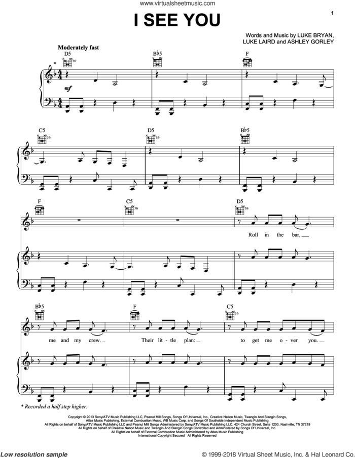 I See You sheet music for voice, piano or guitar by Luke Bryan, Ashley Gorley and Luke Laird, intermediate skill level