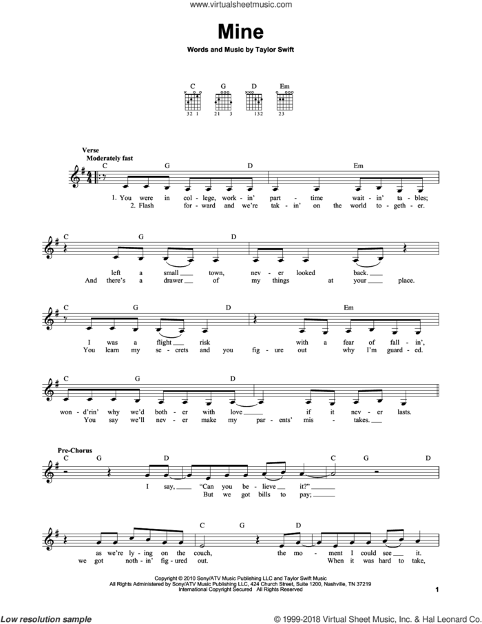 Mine sheet music for guitar solo (chords) by Taylor Swift, easy guitar (chords)