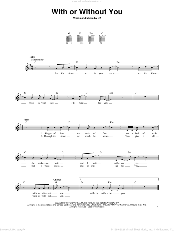 With Or Without You, (easy) sheet music for guitar solo (chords) by U2, easy guitar (chords)