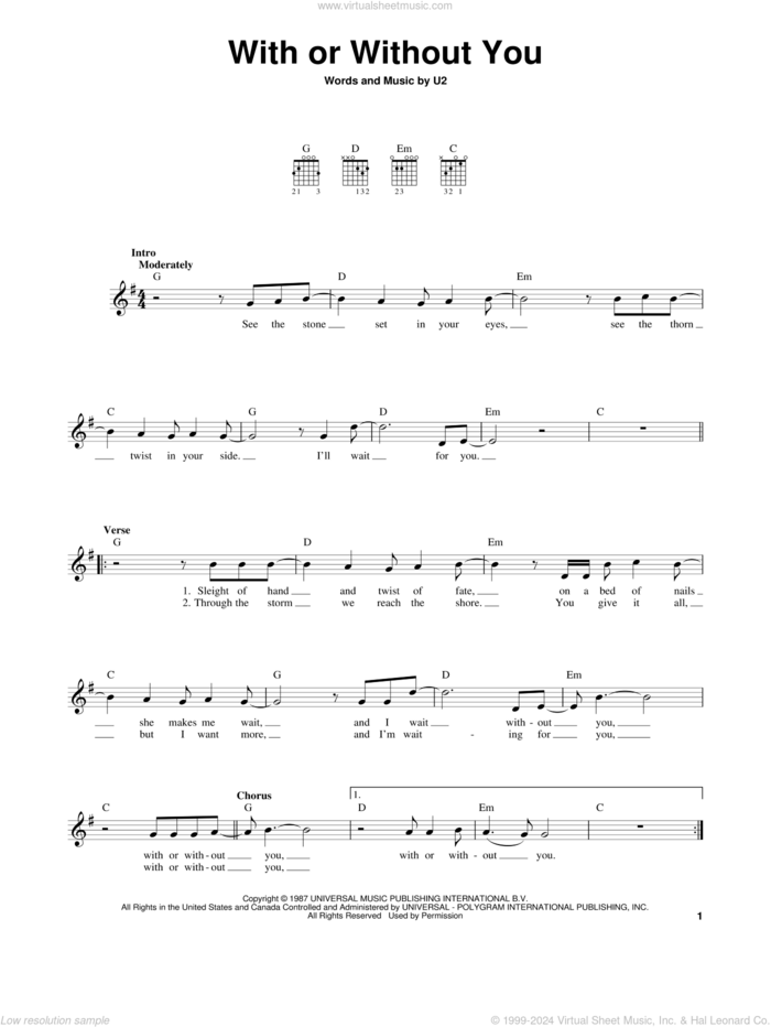 With Or Without You sheet music for guitar solo (chords) by U2, easy guitar (chords)