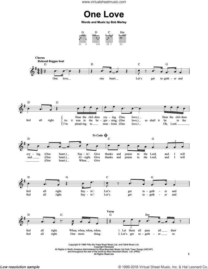 One Love sheet music for guitar solo (chords) by Bob Marley, easy guitar (chords)