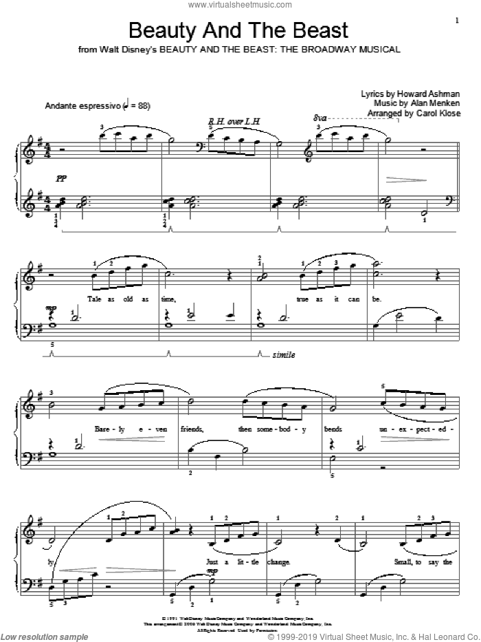 Beauty And The Beast (from Beauty and the Beast: The Broadway Musical) (arr. Carol Klose) sheet music for piano solo (elementary) by Alan Menken, Carol Klose, Beauty And The Beast, Miscellaneous, Alan Menken & Howard Ashman and Howard Ashman, beginner piano (elementary)