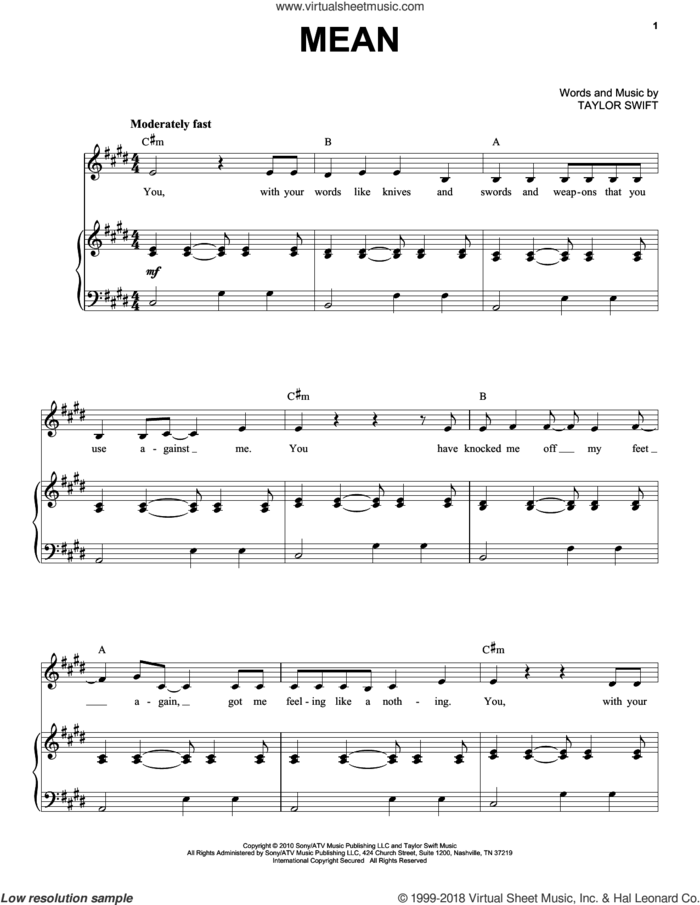 Mean sheet music for voice and piano by Taylor Swift, intermediate skill level