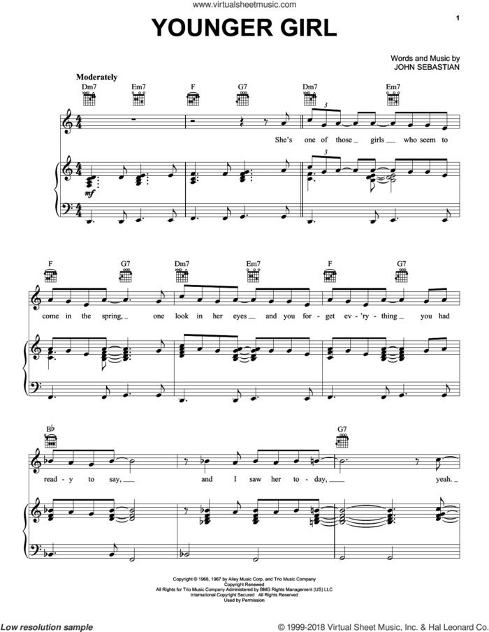 Younger Girl sheet music for voice, piano or guitar by Lovin' Spoonful and John Sebastian, intermediate skill level