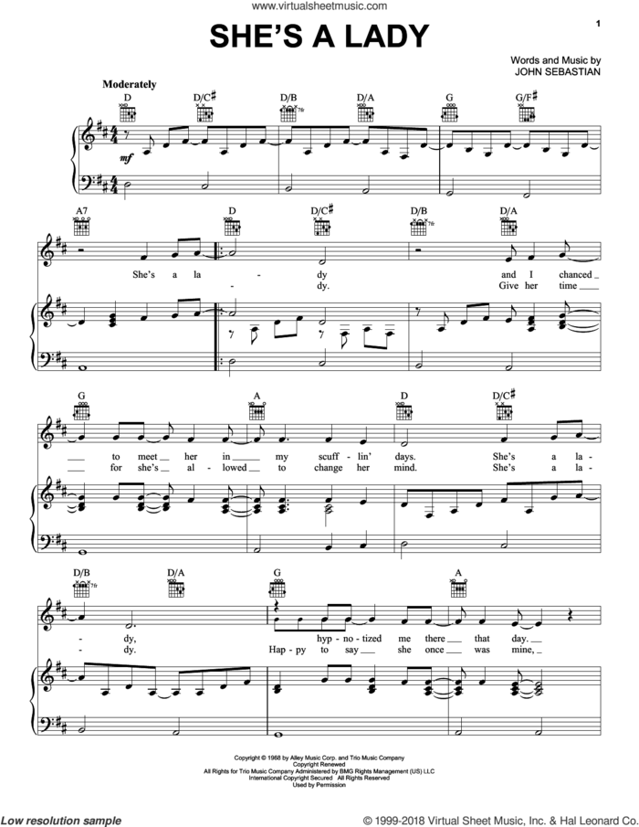 She's A Lady sheet music for voice, piano or guitar by Lovin' Spoonful, Kenny Rankin and John Sebastian, intermediate skill level