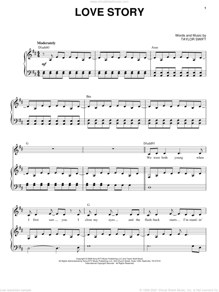 Love Story sheet music for voice and piano by Taylor Swift, intermediate skill level