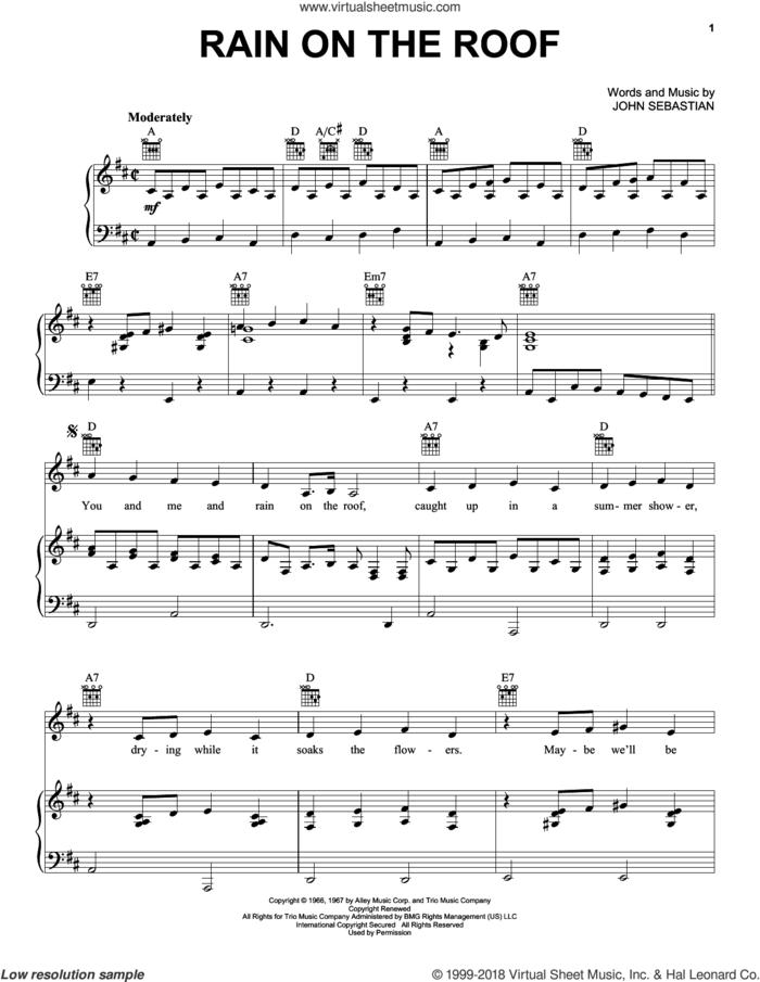 Rain On The Roof sheet music for voice, piano or guitar by Lovin' Spoonful and John Sebastian, intermediate skill level