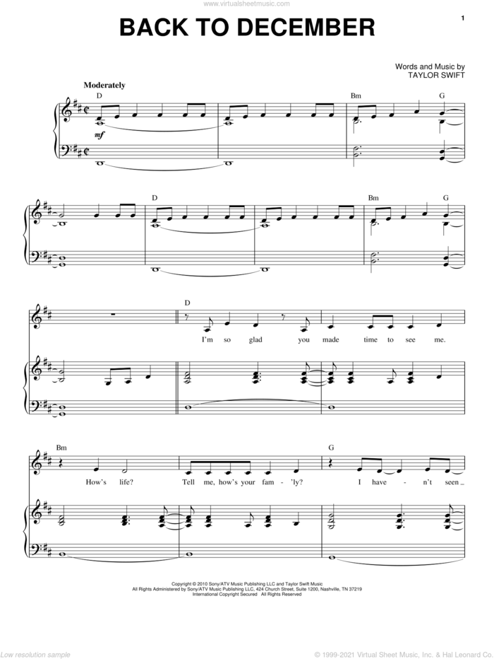 Back To December sheet music for voice and piano by Taylor Swift, intermediate skill level