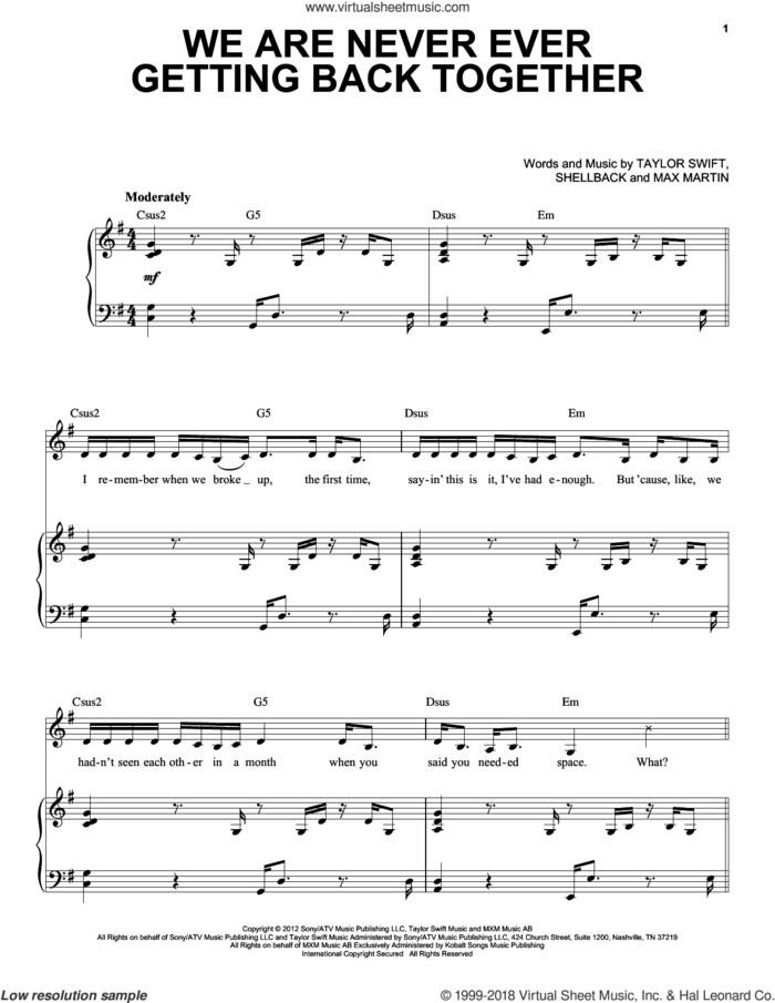 We Are Never Ever Getting Back Together sheet music for voice and piano by Taylor Swift, Max Martin and Shellback, intermediate skill level