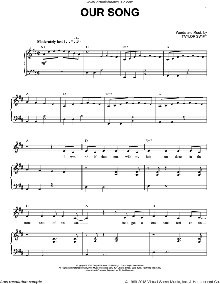 Our Song sheet music for voice and piano by Taylor Swift, intermediate skill level